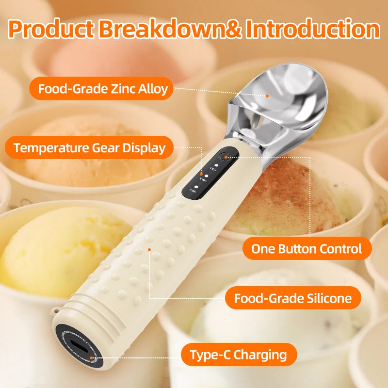 Cuillère à Glace Chauffante Rechargeable - Cuillère Chauffée Température Réglable, Idéale Boules de Glace, Usage Pro et Maison