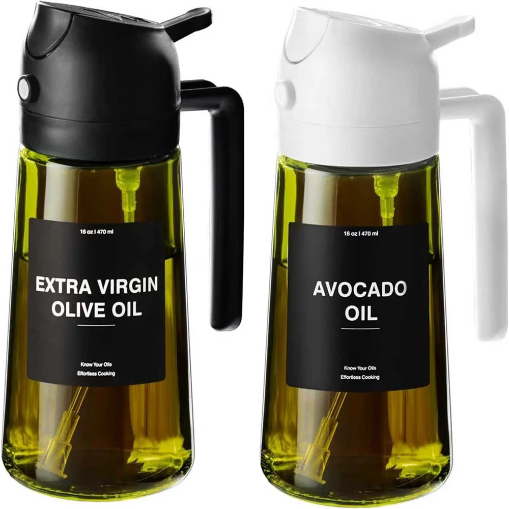 Cuisinez plus sainement avec ce vaporisateur d'huile 470ml en verre épais. Ce distributeur d'huile d'olive 2-en-1 combine spray fin et versement direct, pour doser précisément vos huiles, vinaigres ou vinaigrettes. Livré
