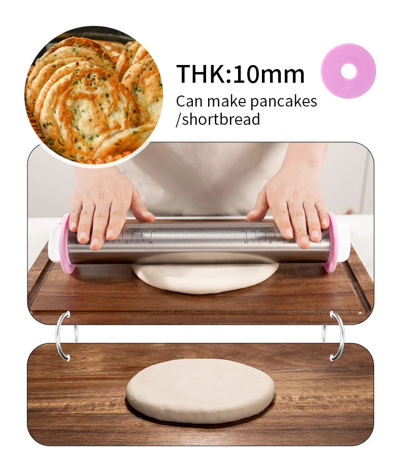 Rouleau à Pâtisserie Réglable Inox 35cm - Rouleau à Pâte avec 4 Anneaux d'Épaisseur Amovibles, Idéal Pizza, Cookies, Fondant