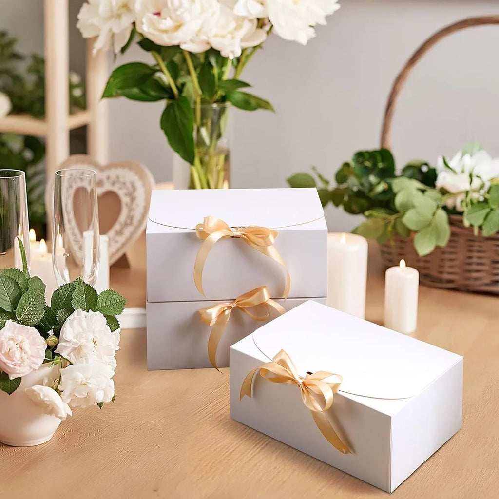 Grande Boîte Cadeau Blanche avec Nœud x3 - Boîte Carton Tout-en-Un, Mariage, Anniversaire, Rangement Bonbons et Cookies
