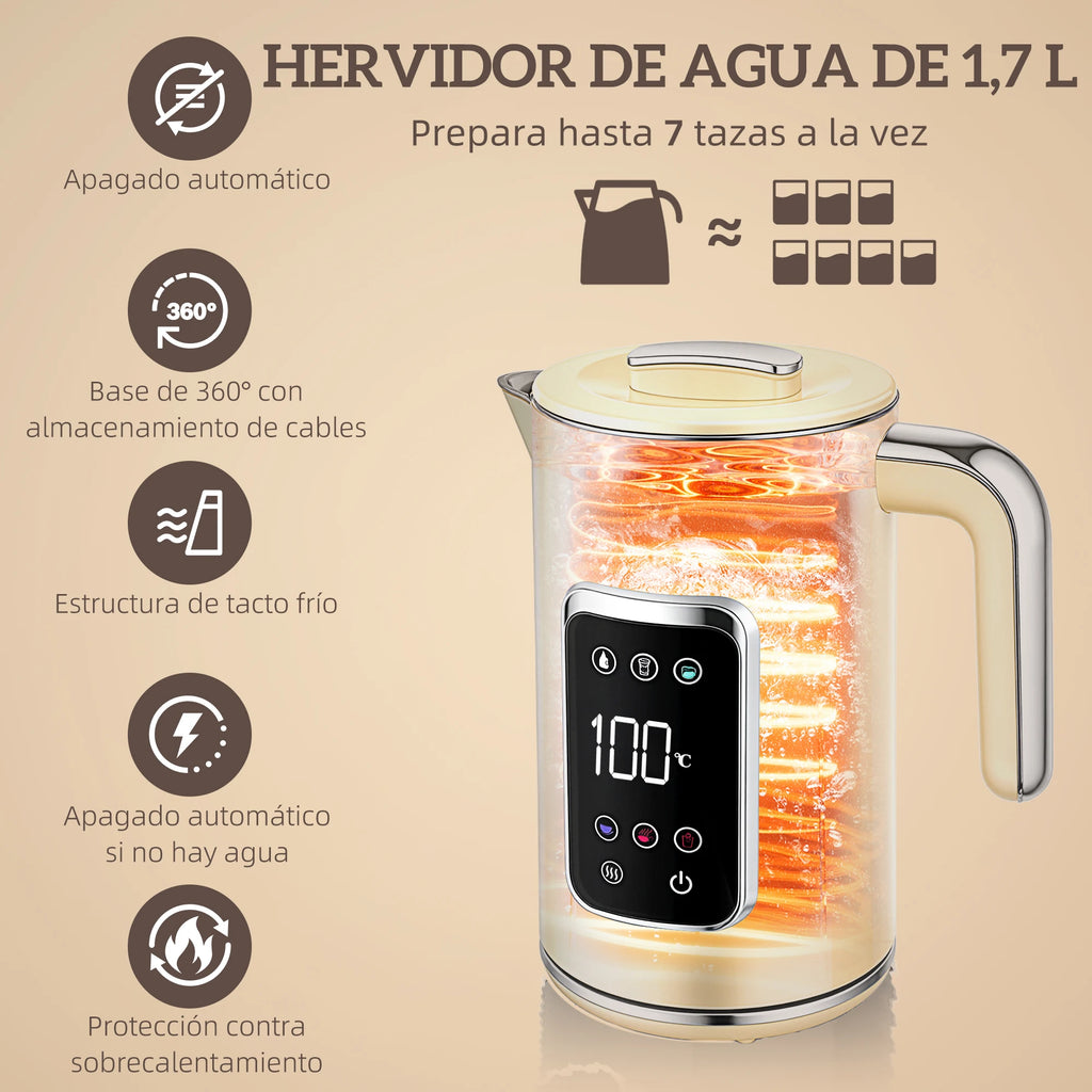 Set Petit-Déjeuner - Bouilloire Électrique Écran Tactile LED 1.7L 2200W + Grille-Pain Fentes Larges 2 Tranches