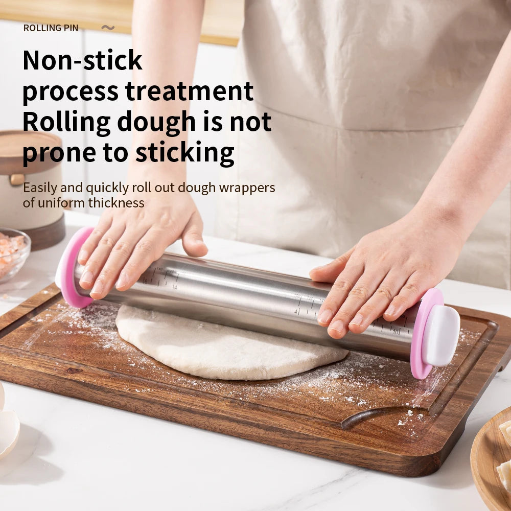 Rouleau à Pâtisserie Réglable Inox 35cm - Rouleau à Pâte avec 4 Anneaux d'Épaisseur Amovibles, Idéal Pizza, Cookies, Fondant