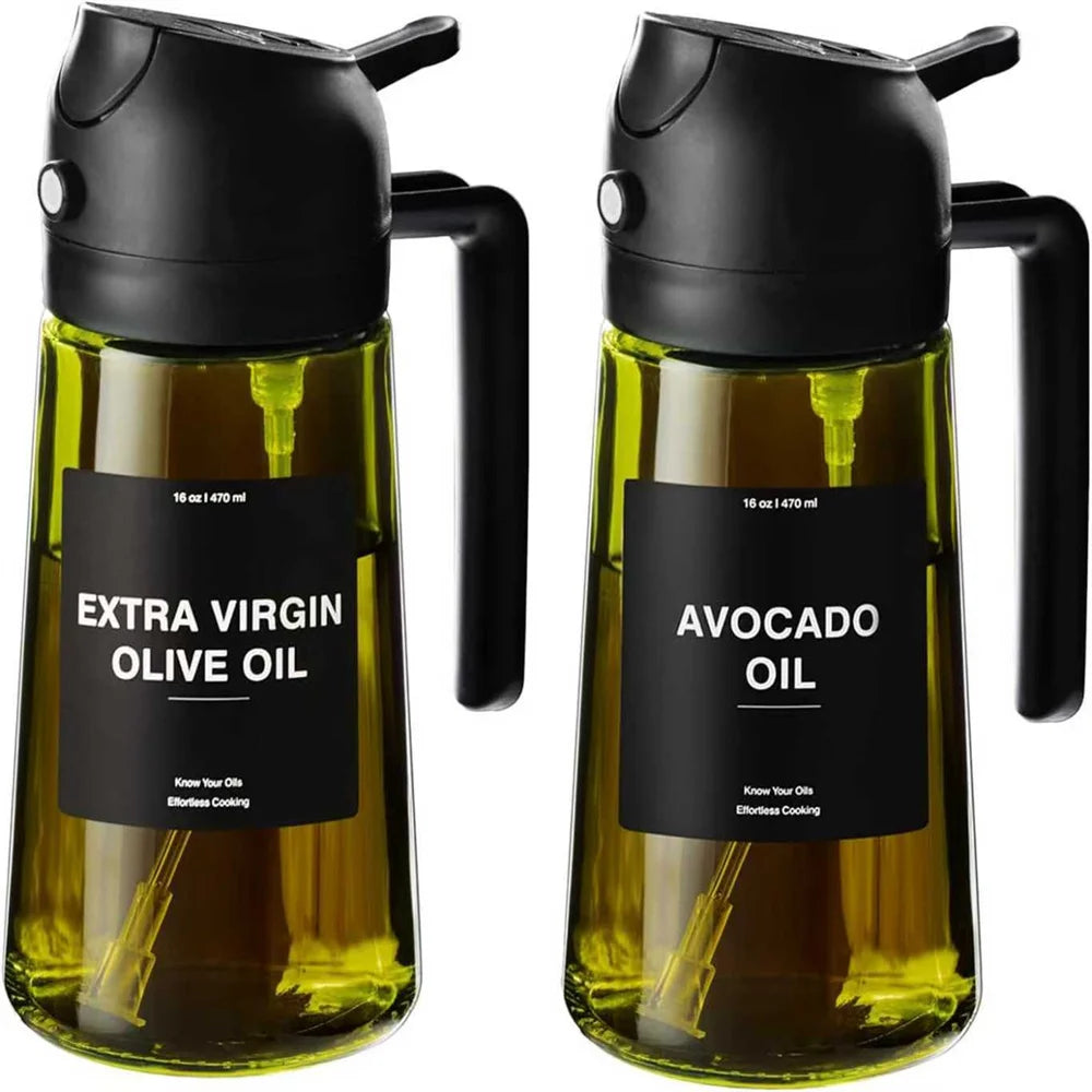 Cuisinez plus sainement avec ce vaporisateur d'huile 470ml en verre épais. Ce distributeur d'huile d'olive 2-en-1 combine spray fin et versement direct, pour doser précisément vos huiles, vinaigres ou vinaigrettes. Livré