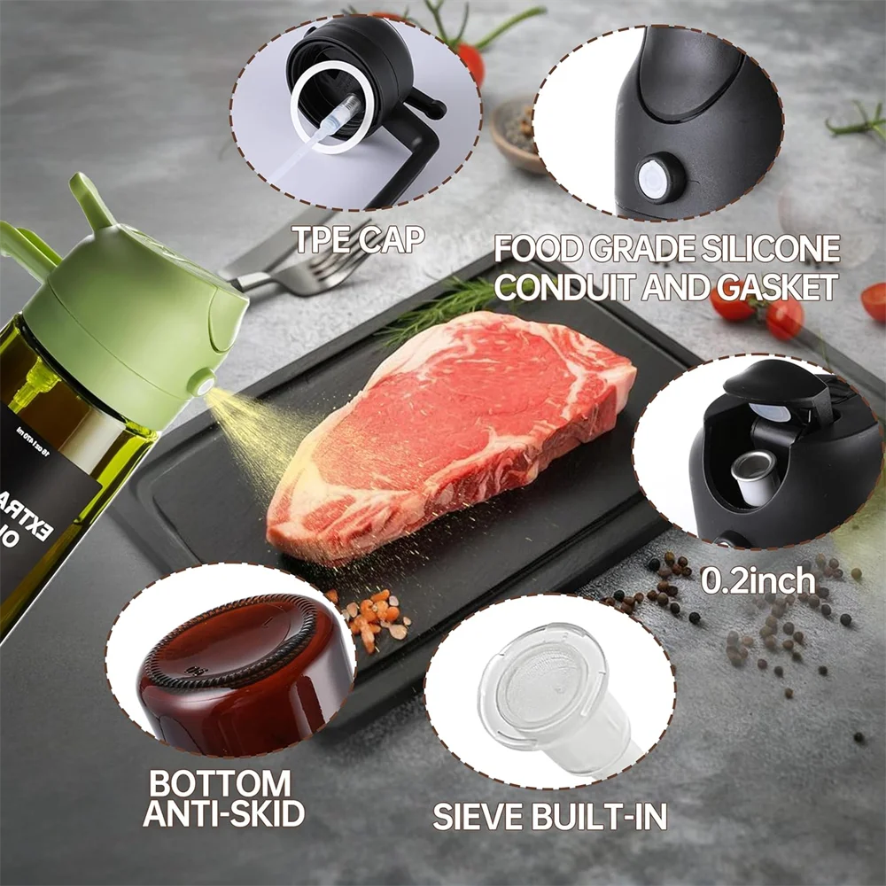 Cuisinez plus sainement avec ce vaporisateur d'huile 470ml en verre épais. Ce distributeur d'huile d'olive 2-en-1 combine spray fin et versement direct, pour doser précisément vos huiles, vinaigres ou vinaigrettes. Livré