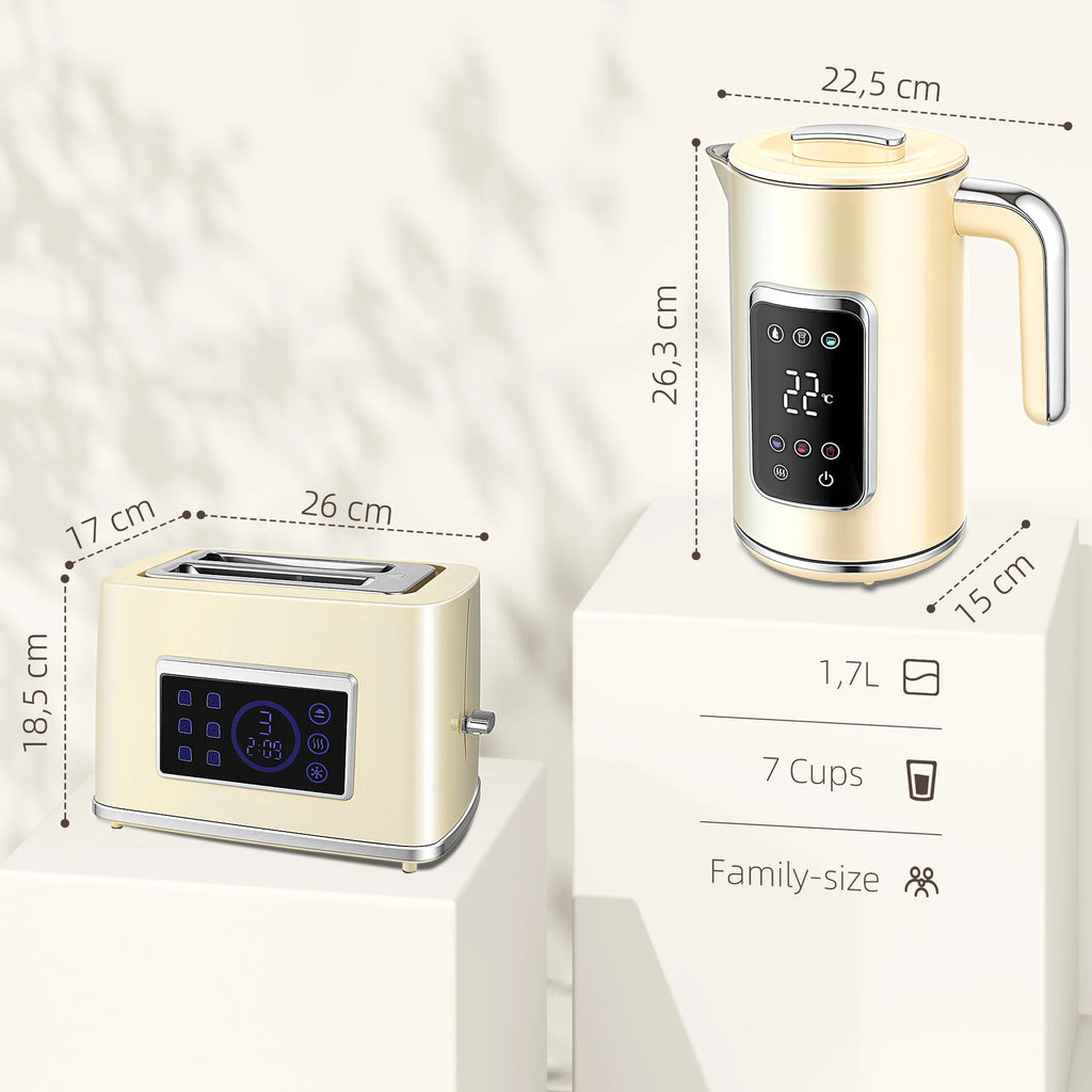 Set Petit-Déjeuner - Bouilloire Électrique Écran Tactile LED 1.7L 2200W + Grille-Pain Fentes Larges 2 Tranches