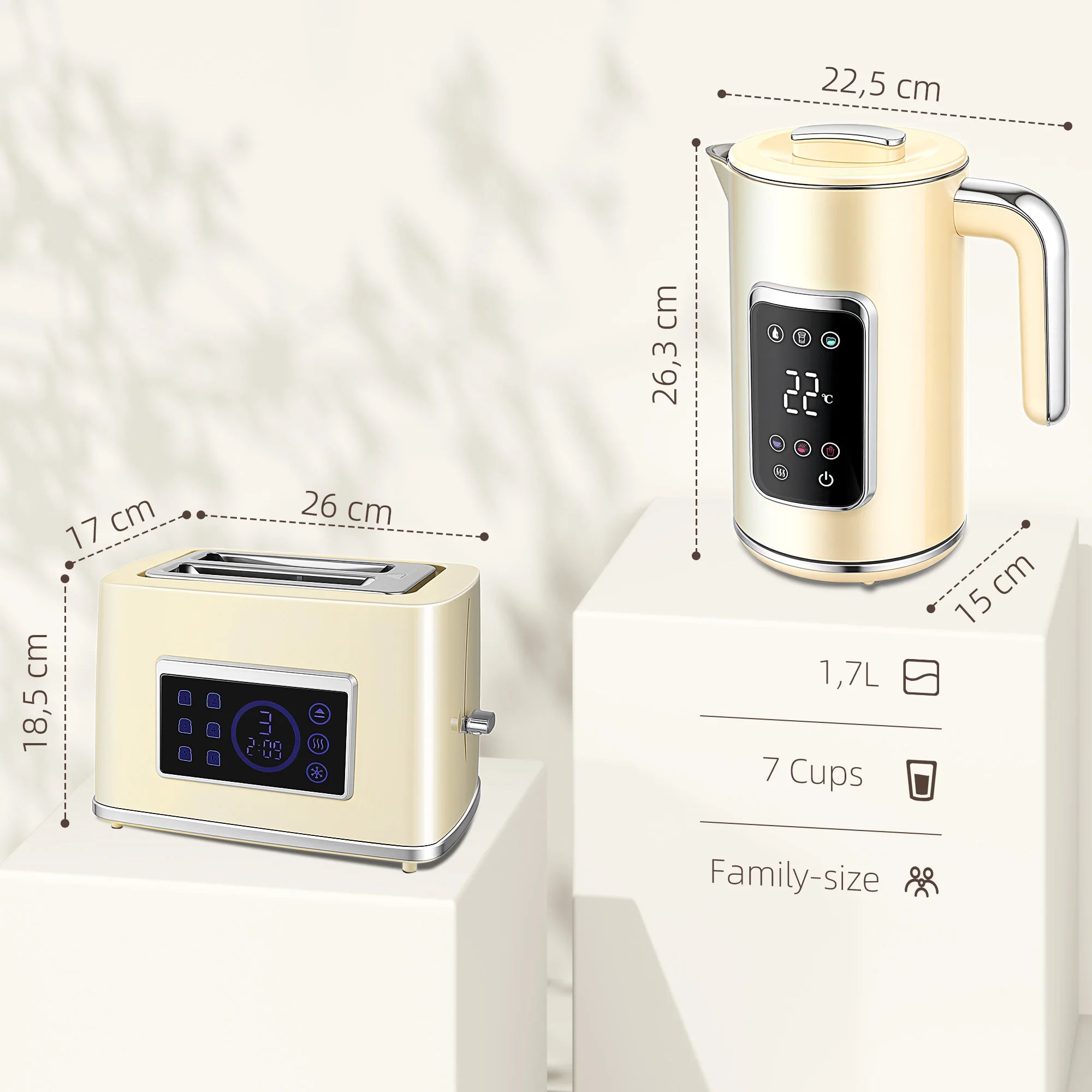Set Petit-Déjeuner - Bouilloire Électrique Écran Tactile LED 1.7L 2200W + Grille-Pain Fentes Larges 2 Tranches