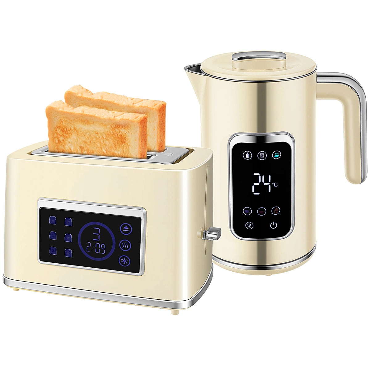 Set Petit-Déjeuner - Bouilloire Électrique Écran Tactile LED 1.7L 2200W + Grille-Pain Fentes Larges 2 Tranches