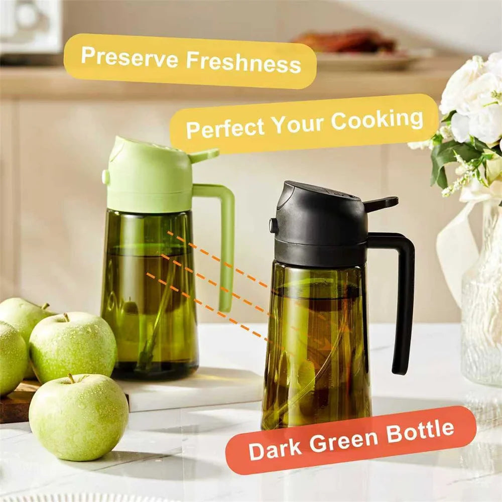 Cuisinez plus sainement avec ce vaporisateur d'huile 470ml en verre épais. Ce distributeur d'huile d'olive 2-en-1 combine spray fin et versement direct, pour doser précisément vos huiles, vinaigres ou vinaigrettes. Livré