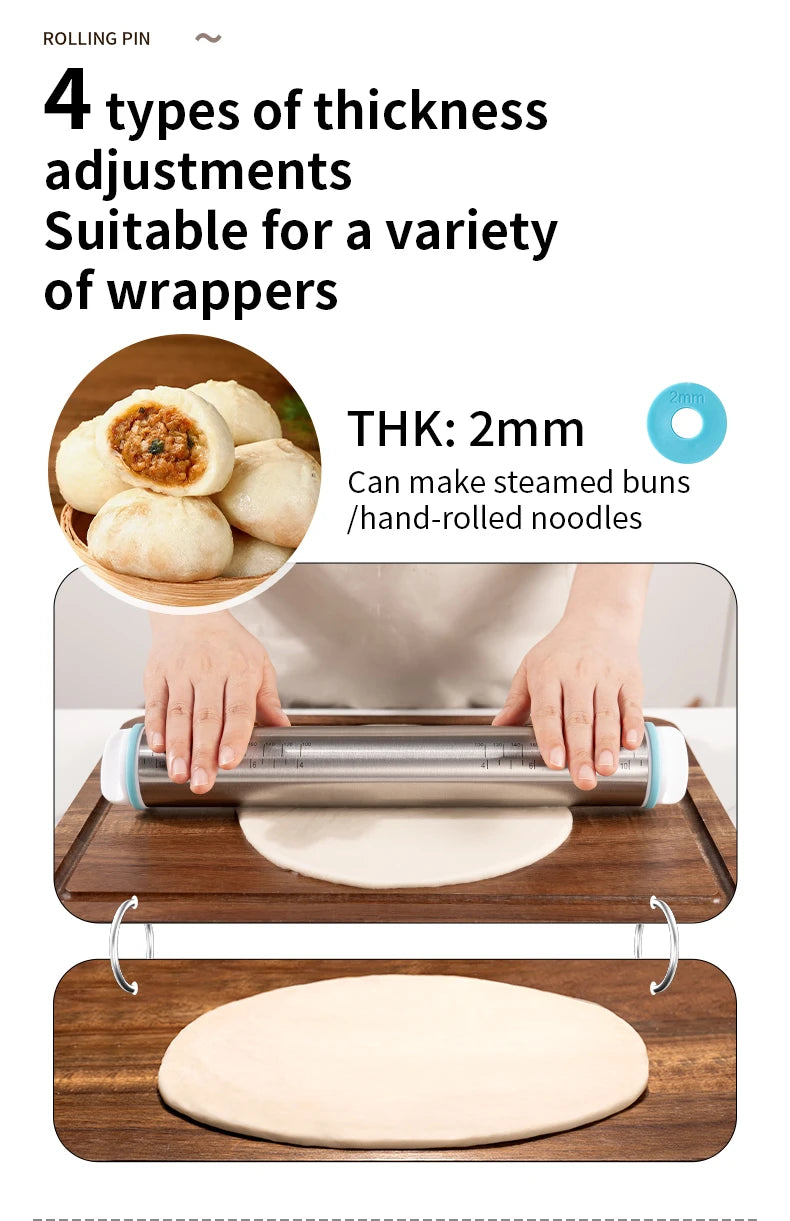 Rouleau à Pâtisserie Réglable Inox 35cm - Rouleau à Pâte avec 4 Anneaux d'Épaisseur Amovibles, Idéal Pizza, Cookies, Fondant