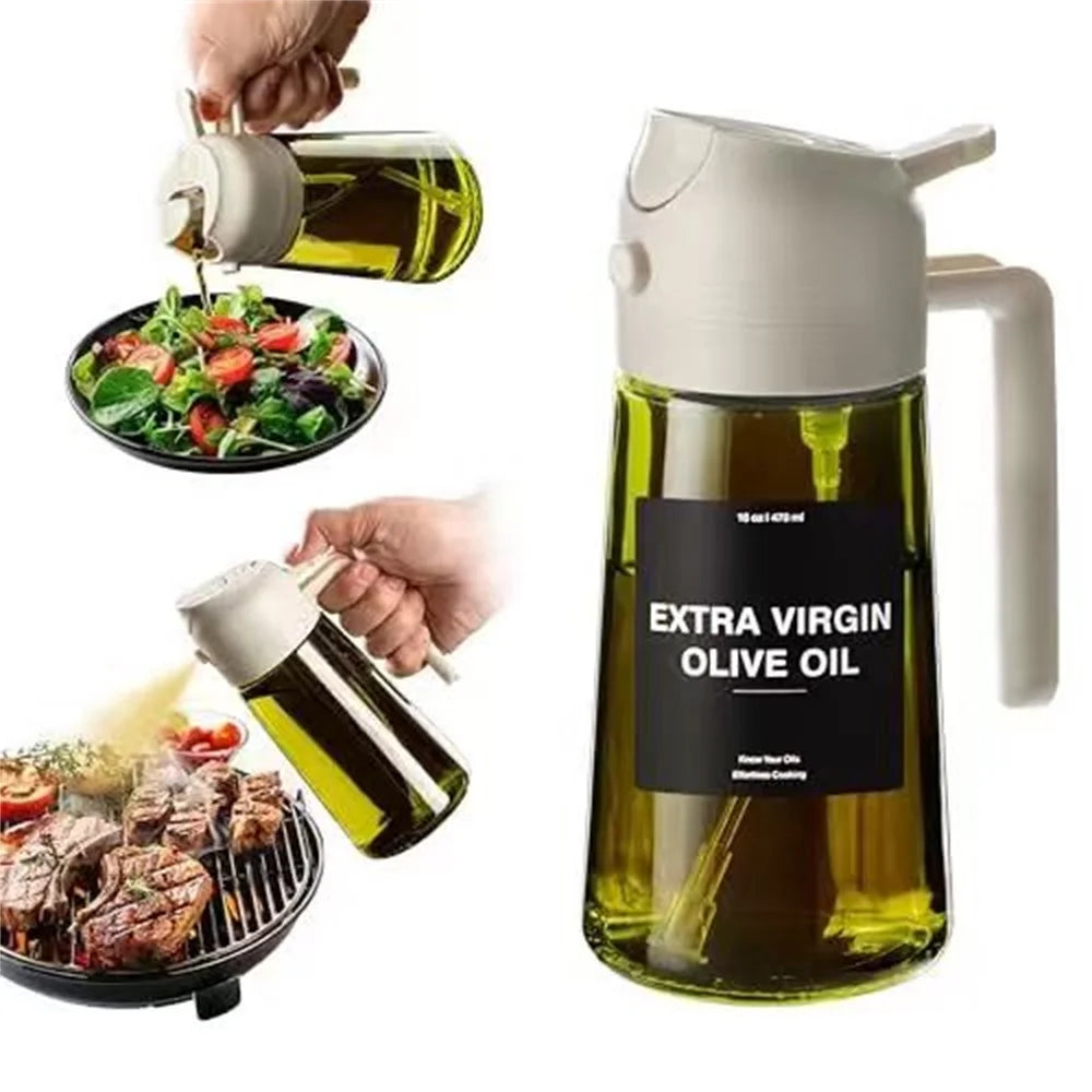Cuisinez plus sainement avec ce vaporisateur d'huile 470ml en verre épais. Ce distributeur d'huile d'olive 2-en-1 combine spray fin et versement direct, pour doser précisément vos huiles, vinaigres ou vinaigrettes. Livré