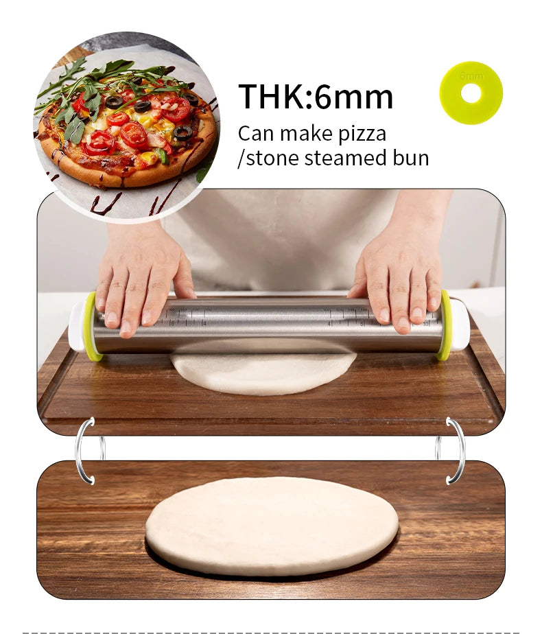 Rouleau à Pâtisserie Réglable Inox 35cm - Rouleau à Pâte avec 4 Anneaux d'Épaisseur Amovibles, Idéal Pizza, Cookies, Fondant