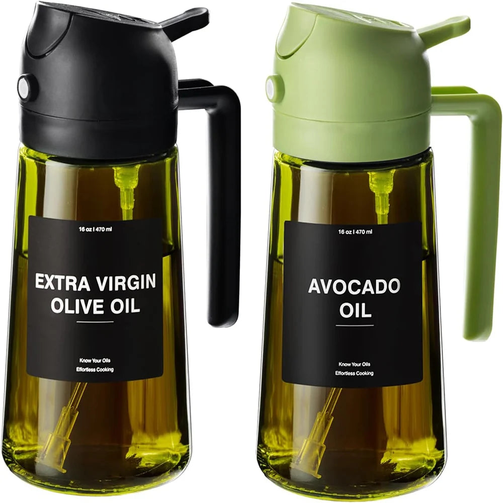 Cuisinez plus sainement avec ce vaporisateur d'huile 470ml en verre épais. Ce distributeur d'huile d'olive 2-en-1 combine spray fin et versement direct, pour doser précisément vos huiles, vinaigres ou vinaigrettes. Livré