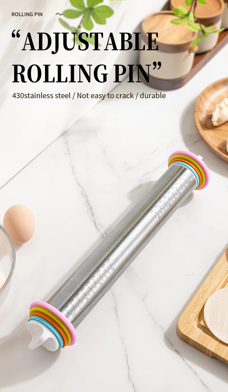 Rouleau à Pâtisserie Réglable Inox 35cm - Rouleau à Pâte avec 4 Anneaux d'Épaisseur Amovibles, Idéal Pizza, Cookies, Fondant