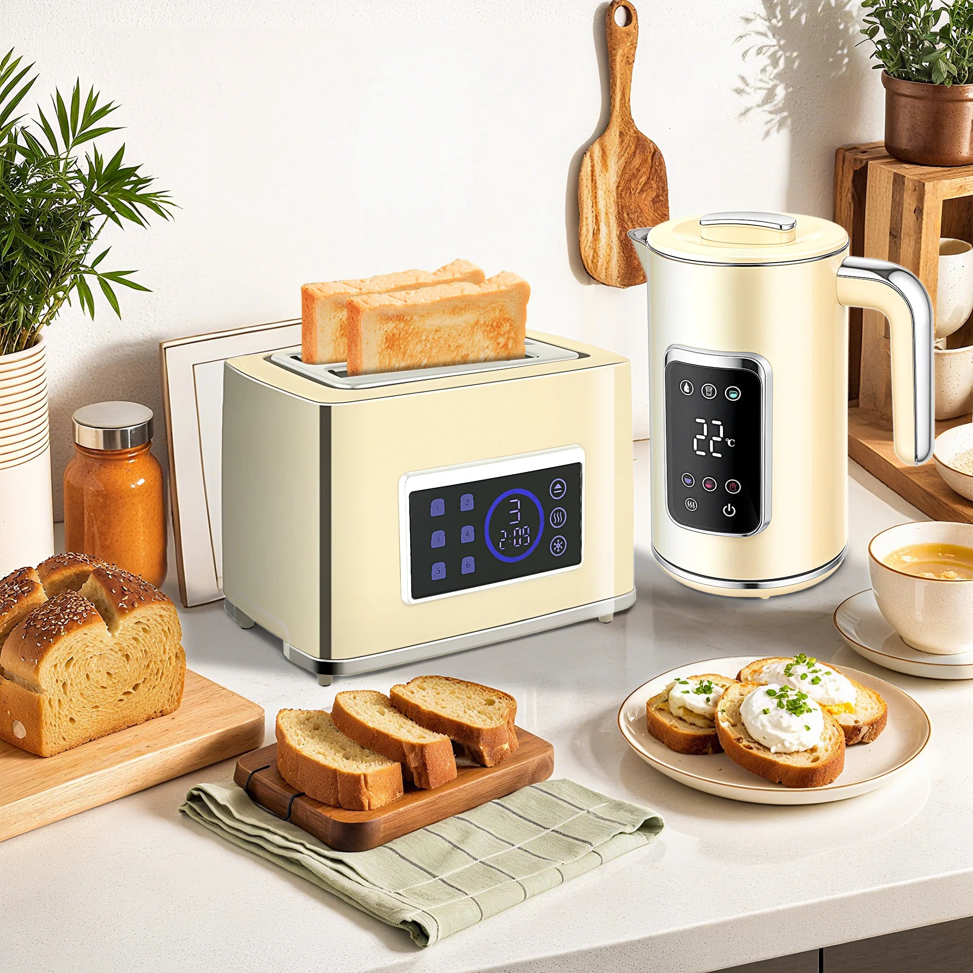 Set Petit-Déjeuner - Bouilloire Électrique Écran Tactile LED 1.7L 2200W + Grille-Pain Fentes Larges 2 Tranches