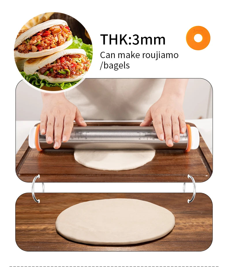 Rouleau à Pâtisserie Réglable Inox 35cm - Rouleau à Pâte avec 4 Anneaux d'Épaisseur Amovibles, Idéal Pizza, Cookies, Fondant