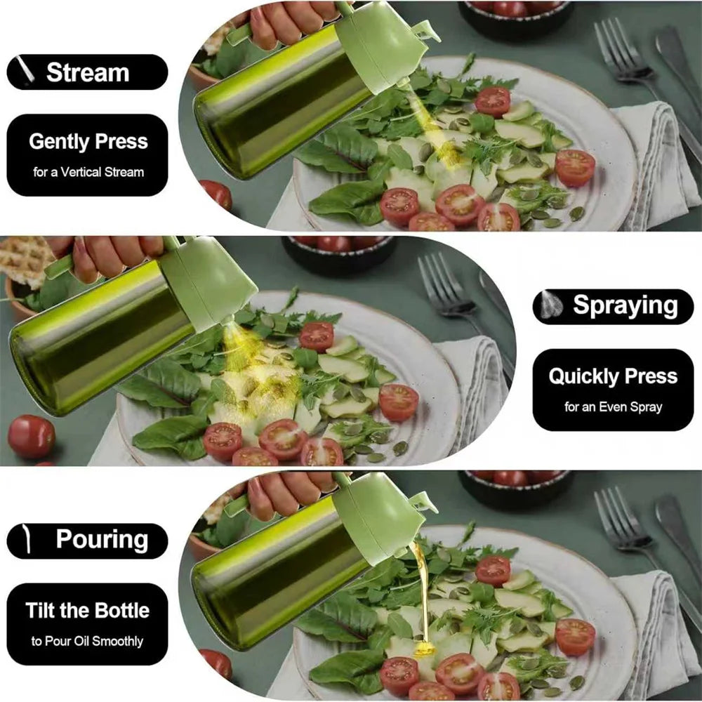 Cuisinez plus sainement avec ce vaporisateur d'huile 470ml en verre épais. Ce distributeur d'huile d'olive 2-en-1 combine spray fin et versement direct, pour doser précisément vos huiles, vinaigres ou vinaigrettes. Livré