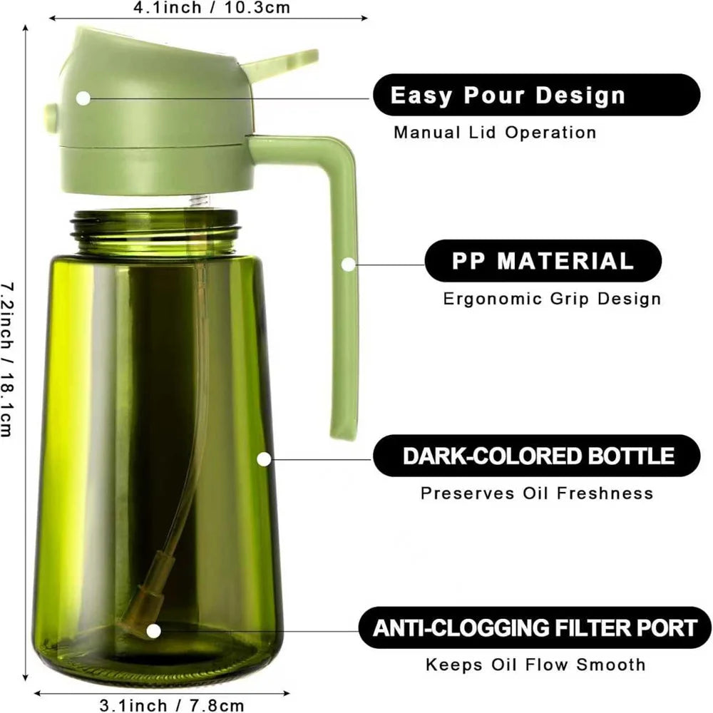 Cuisinez plus sainement avec ce vaporisateur d'huile 470ml en verre épais. Ce distributeur d'huile d'olive 2-en-1 combine spray fin et versement direct, pour doser précisément vos huiles, vinaigres ou vinaigrettes. Livré